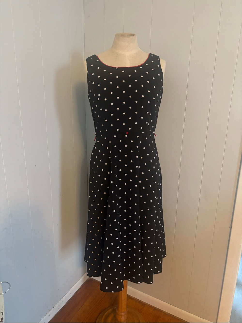 Studio I Petite 6P Black White Polka Dot Midi Dress Red Trim Fit & Flare